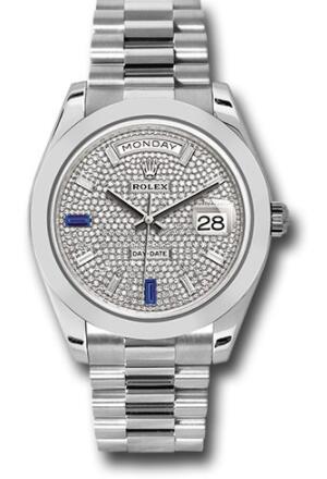 Replica Rolex Platinum Day-Date 40 Watch 228206 Smooth Bezel Diamond And Sapphire Paved Diamond Dial President Bracelet